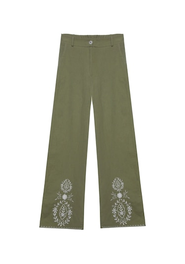 Olla Collection Paçası Nakış Detaylı Yüksek Bel Pantolon Haki Çok Renkli