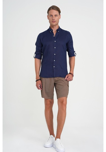 Comfort Fit Düğme Yaka Katlanır Kol %100 Keten Düz Lacivert Gömlek G 1595 Lacivert