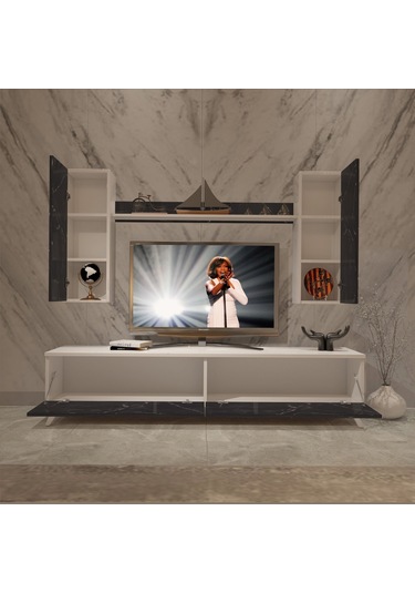 Decoraktiv Eko 5d Mdf Std Retro Tv Ünitesi Tv Sehpası - Beyaz Siyah Mermer Beyaz - Royal Mermer