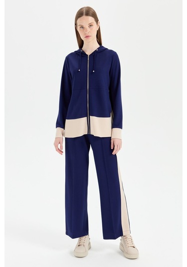 Oysh Kumaş Fermuar Kapamalı Kapişonlu Pantolonlu Takım Laci Lacivert