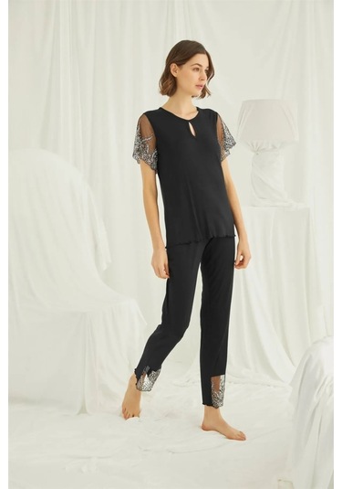 Monamise 19193 Kadın Kısa Kollu Pijama Takımı-siyah Siyah