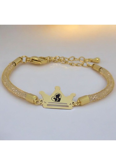 Archin Anne Sevgisi Temalı Hasır Kordonlu Taç Figürlü 14 Ayar Altın Plakalı Hediye Bileklik-464sembol Anne Sevgisi Sembolü