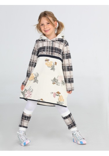 Ekose Baskılı Hoodie Kız Elbise + Tozluk Takım-gri Gri