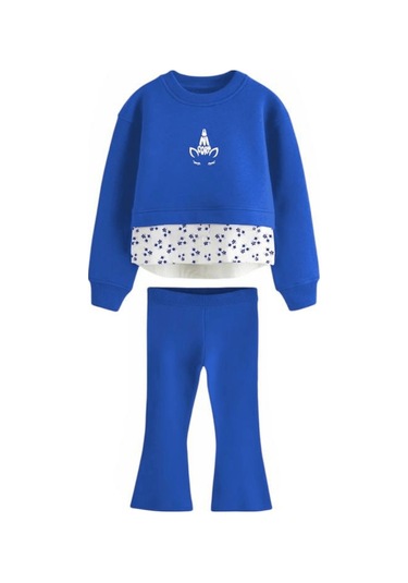 2-8 Yaş Unicorn Çiçek Detay İspanyol Kız Çocuk Takım Mavi Mavi