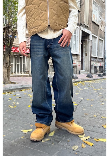 Flaw Eskitme Model Çizgili Baggy Jean Lacivert Lacivert