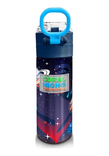 Coral High Kids Saks Mavi Astronot Desenli Pipetli Ve Direkt İçim Çelik Termos 500 Ml 31933 Saks Mavi
