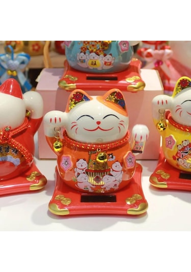 Seramik Maneki Neko Turuncu Güneş Enerjili Şans Kedisi 12cm No.4