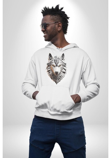 Beyaz Kurt Kafası Kadın Erkek Beyaz Kapüşonlu Sweatshirt Hoodie Beyaz