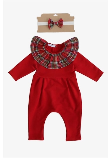 Kız Çocuk Kırmızı Ekose Yakalı Çıtçıt Detaylı Yılbaşı Tulum Salopet Tlm-0058 Kırmızı