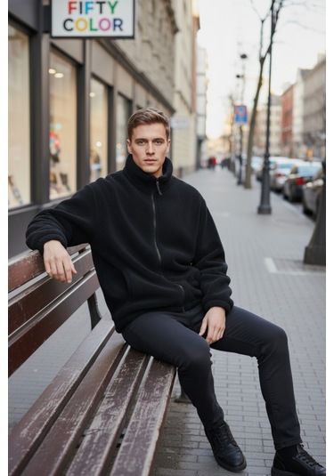 Siyah Premium Kalite Dik Yaka, Fermuarlı, Polarlı, Peluş Ceket Siyah