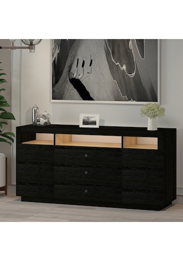 K003 Asil Led Işıklı, Dolaplı Ve Çekmeceli Konsol Ahşap Siyah Ahşap Siyah