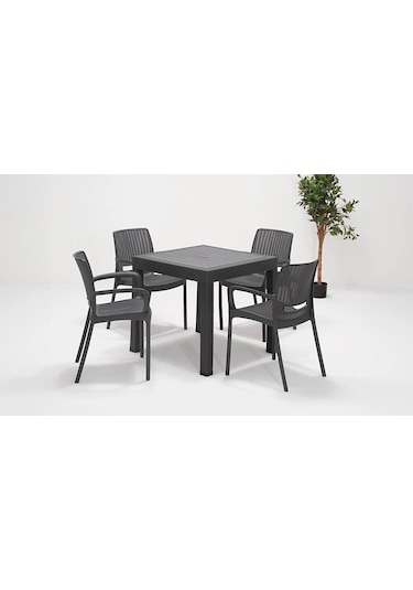 Rattan Lüx 80x80 Masa Takımı 1 Masa + 4 Sandalye Antrasit Bahçe Balkon Teras Antrasit