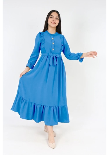 Kiz Cocuk Uzun Elbise Aerobin Keten Kumaş Tesettüre Uygun Uzun Boydan Elbise İndigo Mavi