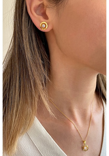 18k Altın Kaplamalı Zirkon Taşlı 925 Ayar Gümüş Set - 67018503 Altın