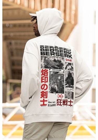 Sevbano Berserk Baskılı Unisex Oversize Anime Hoodie Beyaz