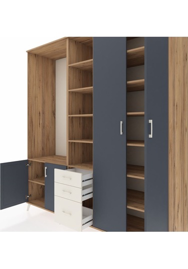 Kronos Dolap 13 Raflı 3 Çekmeceli 4 Kapaklı 220x59x243 Çam-antrasit/aytaşı Antrasıt/aytası