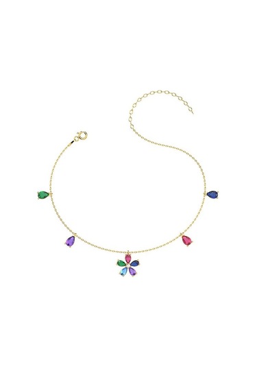 İndigo Takı Renkli Taş Çiçek Altın Kaplama Gümüş Halhal Çok Renkli