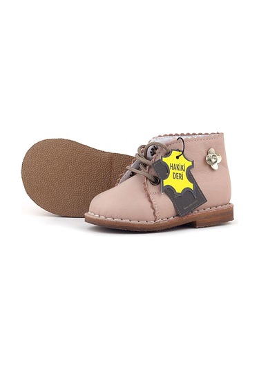 Rakerplus Handmade Hakiki Deri Pembe Çiçek Detaylı Bağcıklı Bebek Bot Pudra
