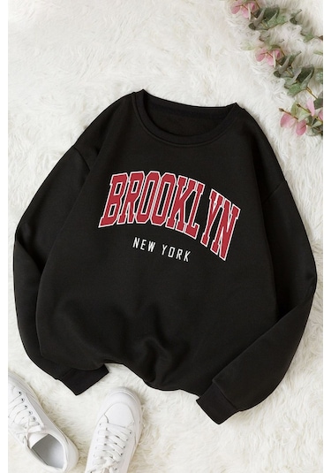 Unisex Brooklyn Baskılı Bisiklet Yaka Sweatshirt Siyah