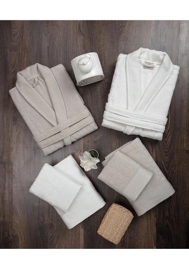 Güvenal Esinti 12 Parça Natural Desenli Pamuk Kutulu Aile Bornoz Seti Bornoz Bornoz Takımı Çeyiz Seti 1 Bej