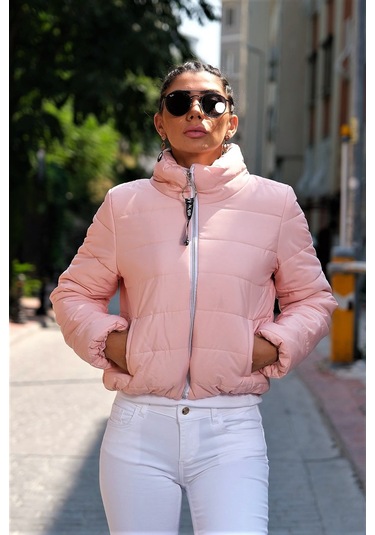 Kadın Pudra Dik Yaka Su Geçirmez Kısa Şişme Mont