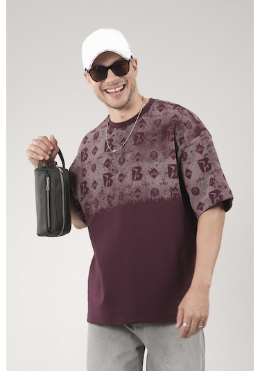 King-Brich Oversize Kalıp Logo Baskılı Bisiklet Yaka Basic Tişört Bordo