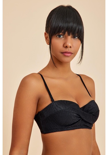 Bali Siyah Balenli Dolgulu Straplez Push-up Bikini Üst Siyah