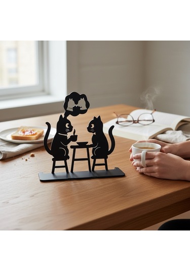 Kedi Figürlü Metal Masaüstü Dekor Kahve Sohbeti Tasarım Obje