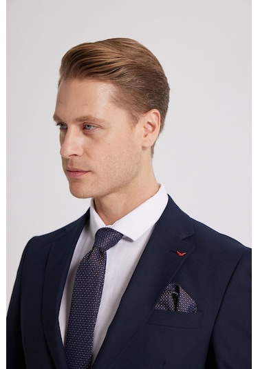 D's Damat Slim Fit Lacivert Düz Likralı Esnek Mono Yaka Çift Yırtmaçlı Astarlı Takim Elbise Lacivert