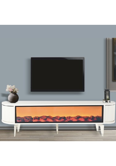 Talia Şömineli Tv Sehpası Beyaz Gümüş Mebran Bluetooth Hoparlörlü 7 Renk Efektli 160x40x50 Cm