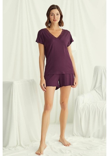Monamise 18499 Kadın V Yaka Kısa Kollu Şortlu Pijama Takımı-bordo Bordo