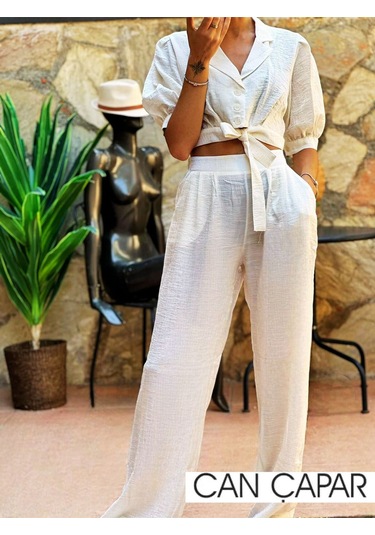 Kadın Beyaz Bağlamalı Bluz Ve Yüksel Bel Pantolon Beyaz