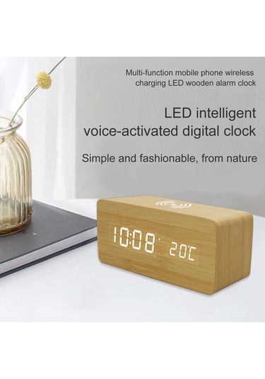 Gajeena Ahşap Kasa Led Akıllı Alarm Saat - Kablosuz Şarj, Ses Kontrol, Saat/tarih/sıcaklık Gösterimi, 3 Alarm, Parlaklık Ayarı Haki