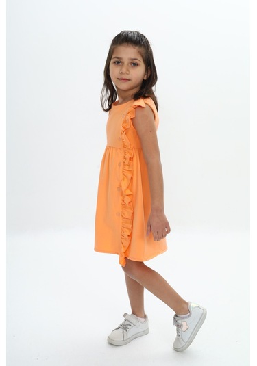 Toontoy Kız Çocuk Fırfır Ve Çıtçıt Detaylı Elbise Turuncu