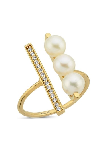 5 Mm Doğal Üç Sıralı İncili Yüzük Sarı