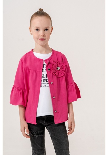 Kız Çocuk Çiçek Gömlekli İkili Kız Takım 3127 Fuşya