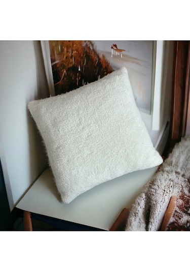 Peluş Çift Taraflı Dekoratif Kırlent Kılıfı 43x43 Cm Krem