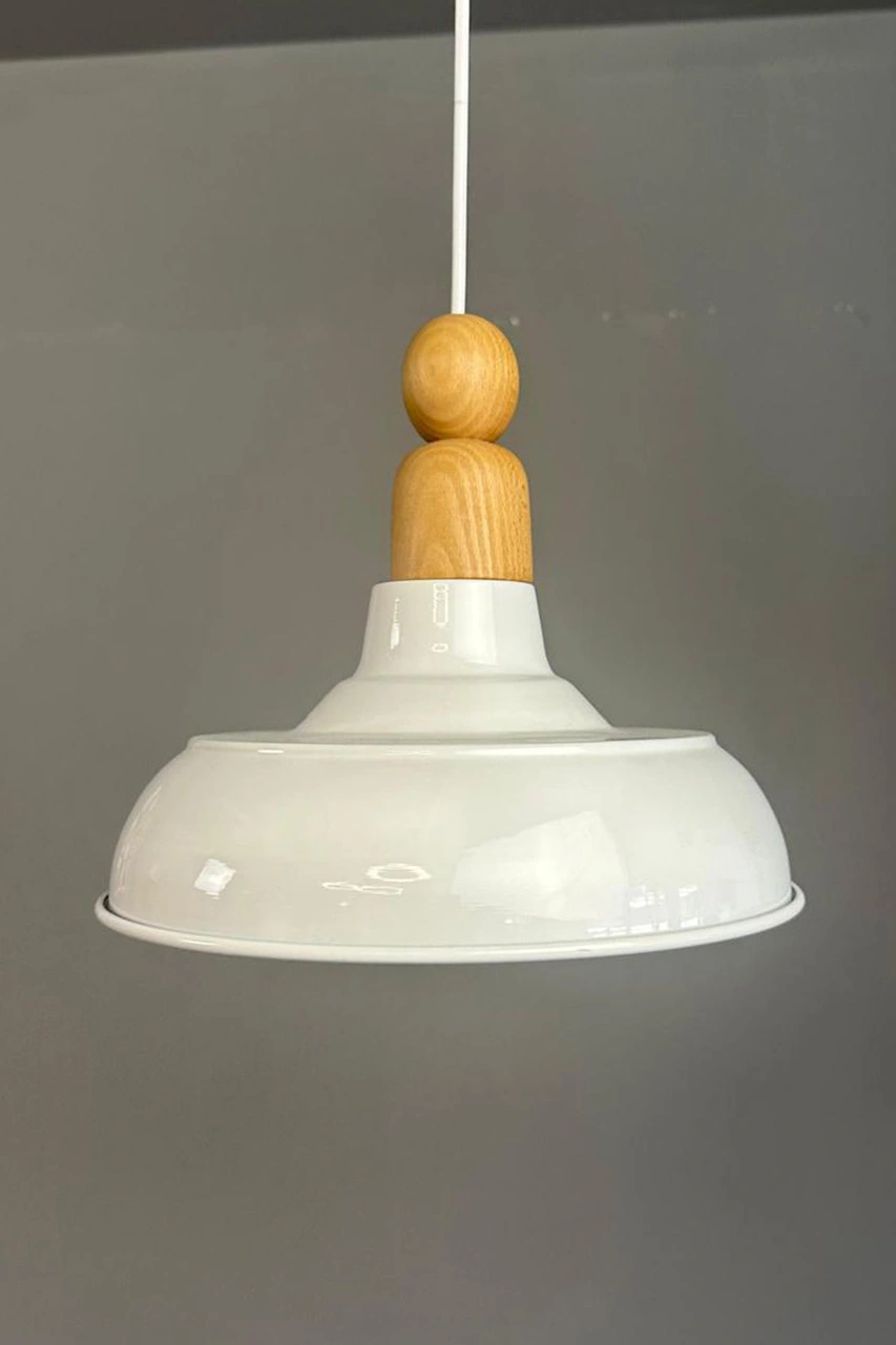 Veluna Beyaz Tekli Kalın Ahşap Boncuk Başlık Avize Retro Sarkıt Showroom Salon Mutfak Avizeleri Beyaz