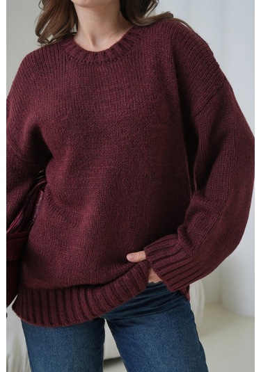 Kadın Bisiklet Yaka Yumuşak Dokulu Oversize Triko Kazak 3032 Bordo