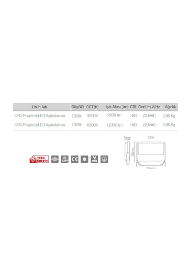 Lamptime 100 Watt Led Projektör Beyaz Işık 252610