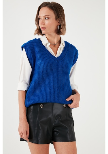 Lela V Yaka Örme Triko Bayan Süveter 4616105Y Saks