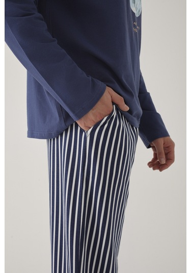 Erkek Pamuklu Uzun Kollu Üst Astronot Baskılı Alt Çizgili Pijama Takımı Ke30106 Mavi - Beyaz