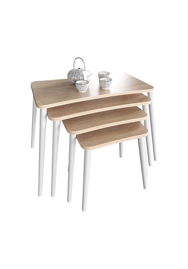 Selen 4lü Zigon Sehpa Ahşap Beyaz Ayaklı Salon Seti Çay Sehpası Sonomo