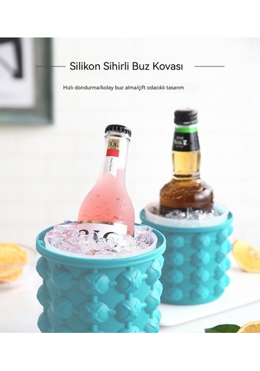 Jian Fan Kapaklıaçık Yuvarlak Silikon Buz Kovası Büyük Açık Mavi