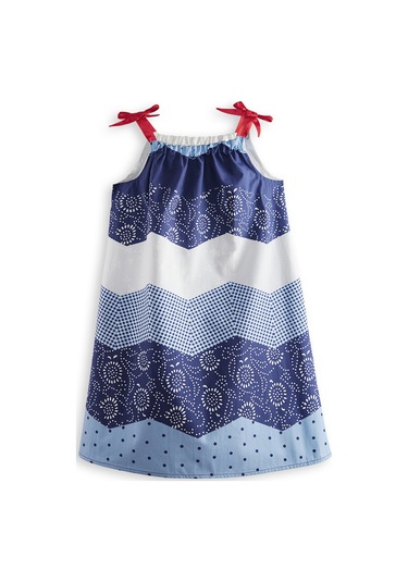 Denokids Lacivert Beyaz Desenli Poplin Kız Çocuk Elbise Renkli Çok Renkli