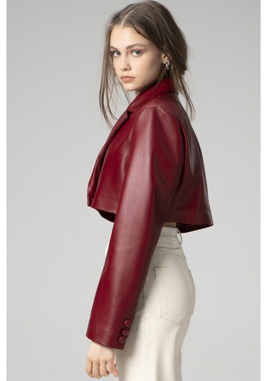 Dericlub Jasmine Kadın Crop Blazer Hakiki Deri Ceket A.bordo Null Bordo