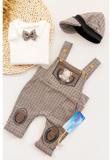 Vintage Desenli Şapkalı Erkek Bebek Tulum Salopet Takım 001