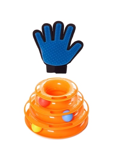 Tineke 3 Katlı Toplu Yuvarlak Kedi Oyuncağı ve Eldiven 2'li