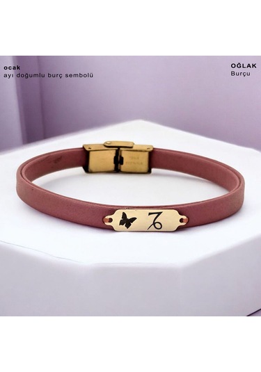 Archin Ocak Ayı Doğumlarına Kelebek Motifli 14 Ayar Altın Plakalı Koyu Pembe Derili Hediye Bileklik-654ay Ocak