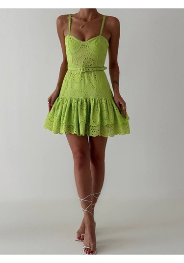 Askılı Dantel Güpür Kabartmalı Fırfırlı Sırtı Esnek Lastikli Mini Neon Fosfor Renk Yazlık Elbise Yeşil